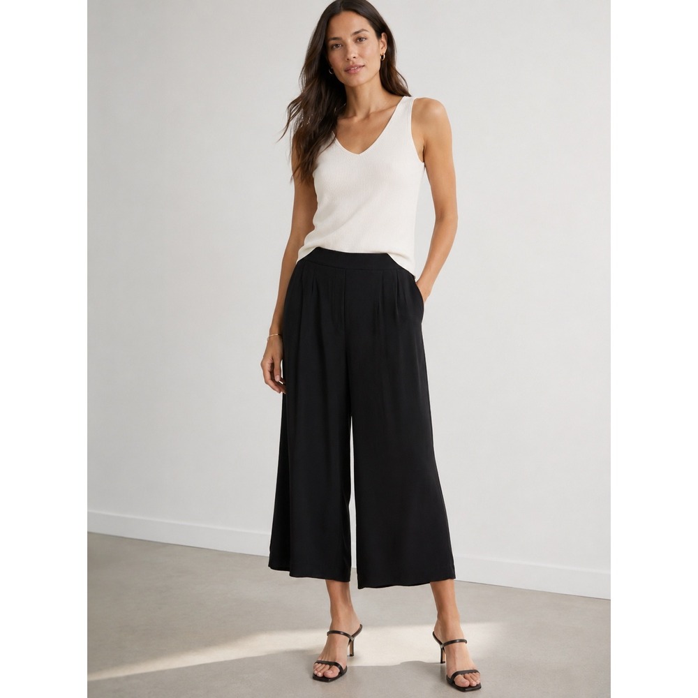 Nordstrom Rack Womens Black Wide Leg Cropped Pleated Pants Elastic Back Size M